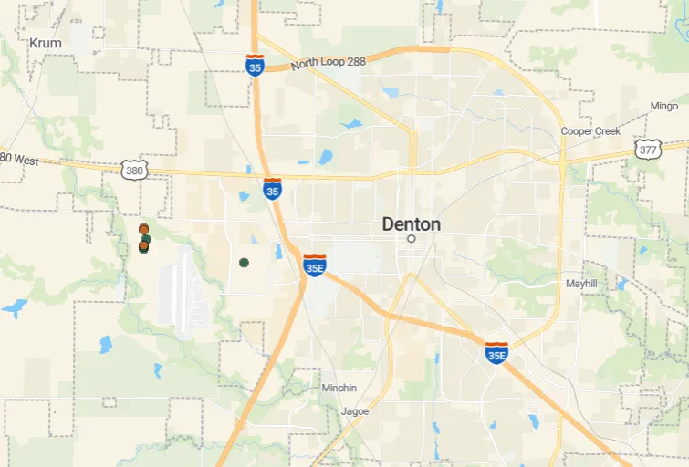 A map of Denton's current and proposed data centers.